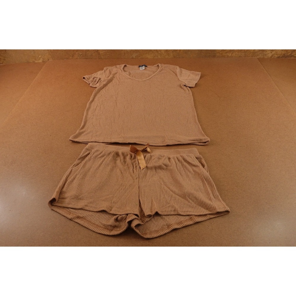 Not Tired Womens XL Mocha Rib Knit 2 Piece Short Sleeve Tee & Shorts PJ Set New
